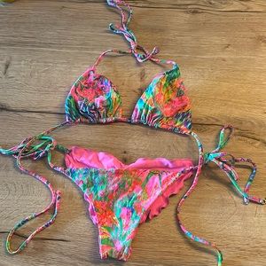 Luli Fama Pink Green Blue bikini top and wavy ruched back tie side bottom